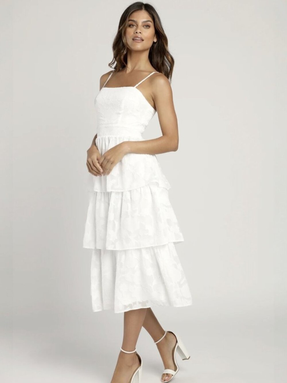 Lulus Grace and Beauty White Burnout Floral Print Tiered Dress NWT